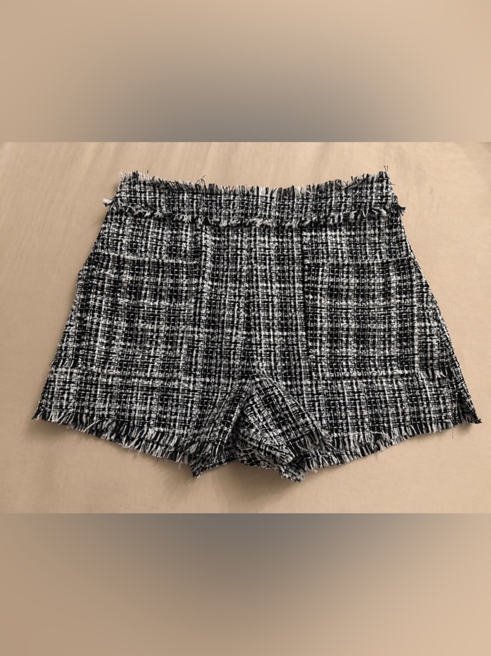 Black White Tweed High Waisted Shorts Fringe Trim Chic Parisian Style Frayed Hem